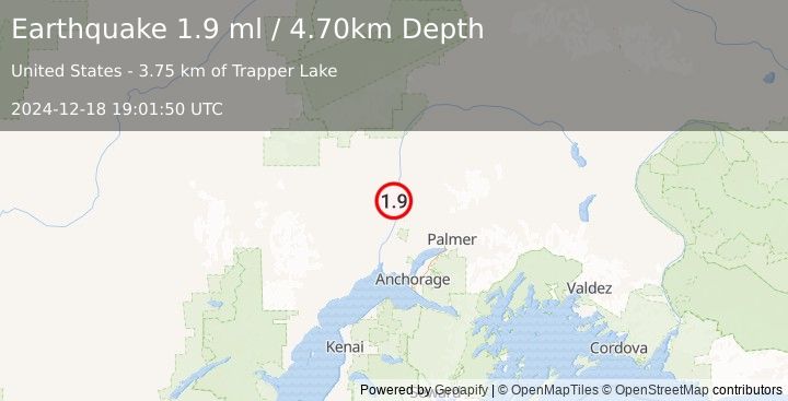 Earthquake 27 km NNW of Willow, Alaska (1.9 ml) (2024-12-18 19:01:50 UTC)