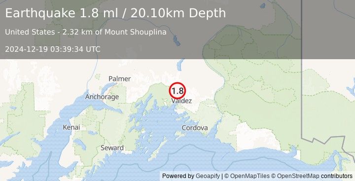 Earthquake 25 km NNW of Valdez, Alaska (1.8 ml) (2024-12-19 03:39:34 UTC)