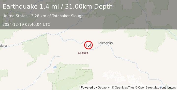 Earthquake 17 km NNW of Four Mile Road, Alaska (1.4 ml) (2024-12-19 07:40:04 UTC)