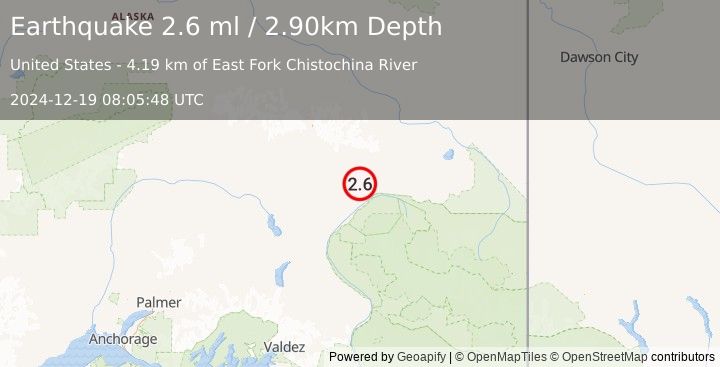 Earthquake 27 km N of Chistochina, Alaska (2.6 ml) (2024-12-19 08:05:48 UTC)