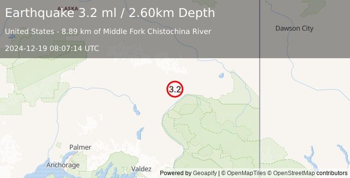 Earthquake 29 km NNW of Chistochina, Alaska (3.2 ml) (2024-12-19 08:07:14 UTC)