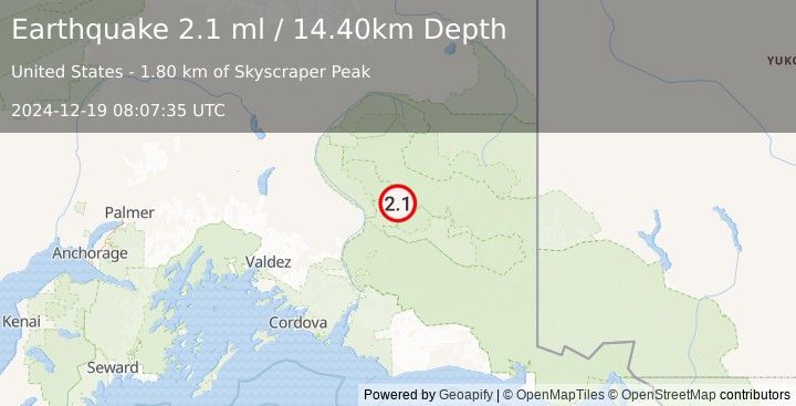 Earthquake 40 km ENE of Chitina, Alaska (2.1 ml) (2024-12-19 08:07:35 UTC)