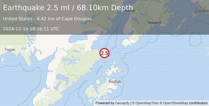 Earthquake 87 km SW of Nanwalek, Alaska (2.5 ml) (2024-12-19 16:26:11 UTC)