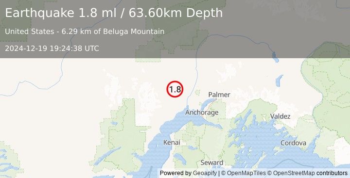 Earthquake 33 km SSE of Skwentna, Alaska (1.8 ml) (2024-12-19 19:24:38 UTC)