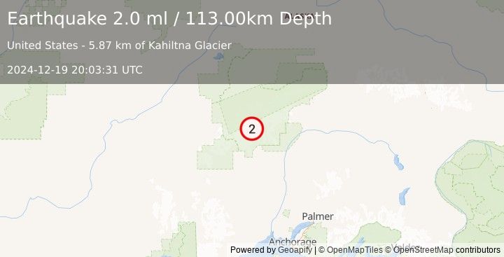 Earthquake 47 km NNW of Petersville, Alaska (2.0 ml) (2024-12-19 20:03:31 UTC)