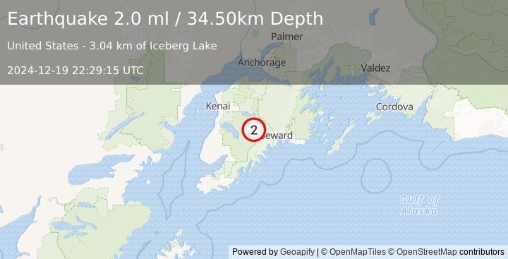 Earthquake 37 km SSW of Cooper Landing, Alaska (2.0 ml) (2024-12-19 22:29:15 UTC)