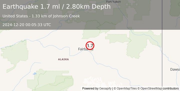 Earthquake 13 km E of Fox, Alaska (1.7 ml) (2024-12-20 00:05:33 UTC)