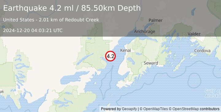 Earthquake 48 km NW of Ninilchik, Alaska (4.5 ml) (2024-12-20 04:03:22 UTC)