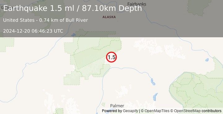 Earthquake 35 km SW of Cantwell, Alaska (1.5 ml) (2024-12-20 06:46:23 UTC)