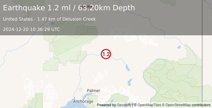 Earthquake 69 km SSE of Cantwell, Alaska (1.2 ml) (2024-12-20 10:36:29 UTC)