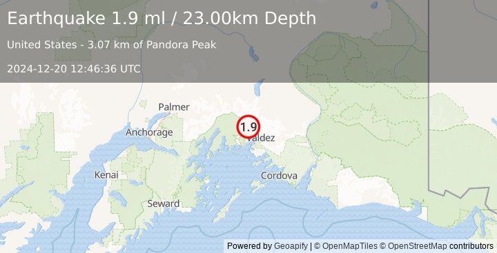 Earthquake 27 km NW of Valdez, Alaska (1.9 ml) (2024-12-20 12:46:36 UTC)