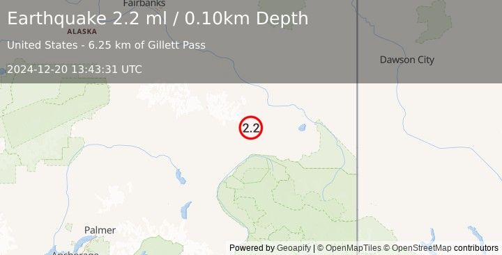 Earthquake 35 km NW of Mentasta Lake, Alaska (2.2 ml) (2024-12-20 13:43:31 UTC)