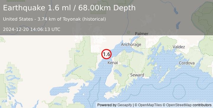 Earthquake 30 km NW of Nikiski, Alaska (1.6 ml) (2024-12-20 14:06:13 UTC)