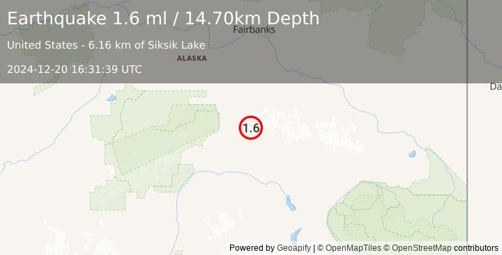 Earthquake 57 km E of Cantwell, Alaska (1.6 ml) (2024-12-20 16:31:39 UTC)