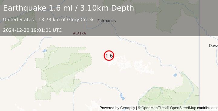 Earthquake 68 km E of Denali Park, Alaska (1.6 ml) (2024-12-20 19:01:01 UTC)