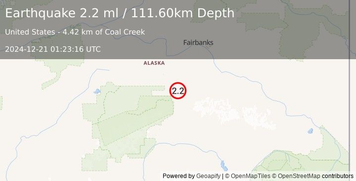 Earthquake 18 km ENE of Healy, Alaska (2.2 ml) (2024-12-21 01:23:16 UTC)