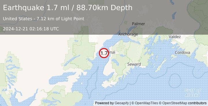 Earthquake 24 km WSW of Salamatof, Alaska (1.7 ml) (2024-12-21 02:16:18 UTC)