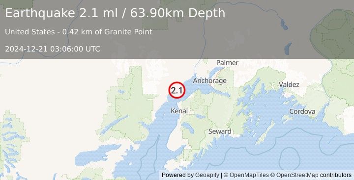 Earthquake 13 km WSW of Tyonek, Alaska (2.1 ml) (2024-12-21 03:06:00 UTC)