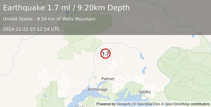 Earthquake 41 km E of Chase, Alaska (1.7 ml) (2024-12-21 07:12:54 UTC)