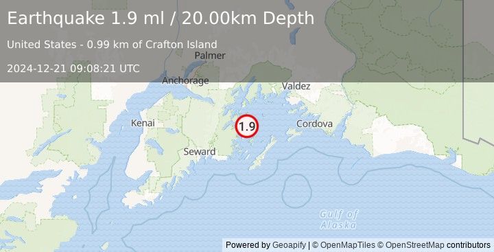 Earthquake 48 km N of Chenega, Alaska (1.9 ml) (2024-12-21 09:08:21 UTC)