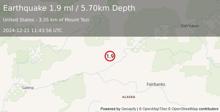 Earthquake 44 km WNW of Rampart, Alaska (1.9 ml) (2024-12-21 11:43:56 UTC)