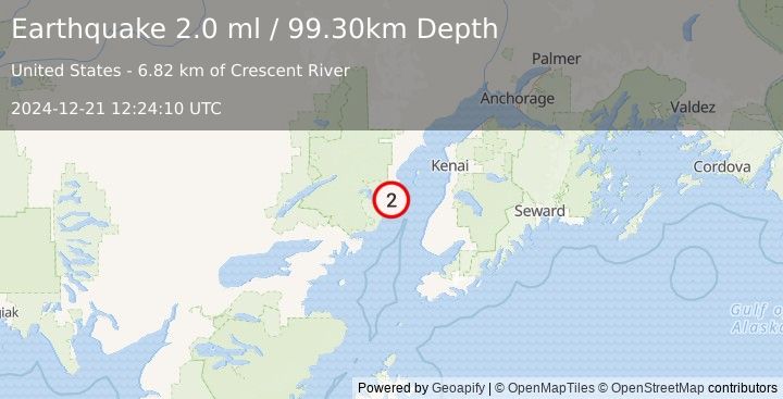 Earthquake 46 km WNW of Ninilchik, Alaska (2.0 ml) (2024-12-21 12:24:10 UTC)