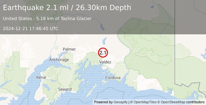 Earthquake 39 km NNW of Valdez, Alaska (2.1 ml) (2024-12-21 17:46:45 UTC)