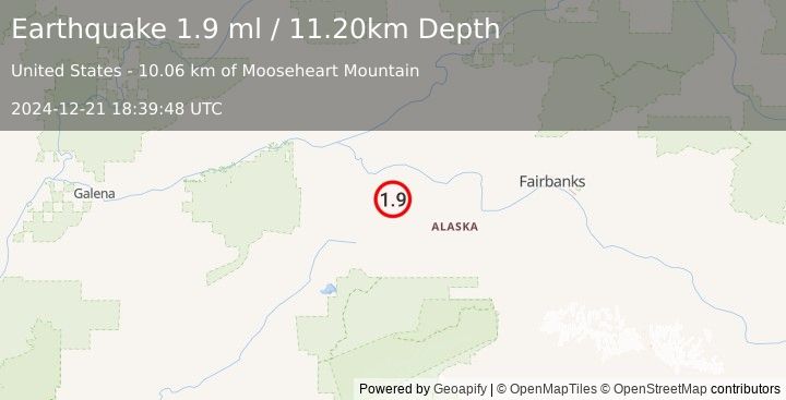 Earthquake 38 km SSW of Manley Hot Springs, Alaska (1.9 ml) (2024-12-21 18:39:48 UTC)