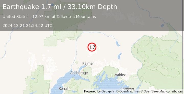 Earthquake 53 km N of Sutton-Alpine, Alaska (1.7 ml) (2024-12-21 21:24:52 UTC)