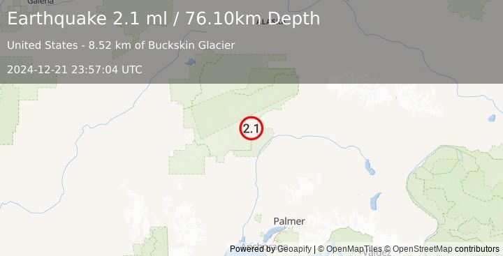 Earthquake 57 km NNE of Petersville, Alaska (2.1 ml) (2024-12-21 23:57:04 UTC)