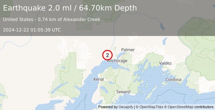 Earthquake 15 km SSW of Susitna, Alaska (2.0 ml) (2024-12-22 01:05:39 UTC)