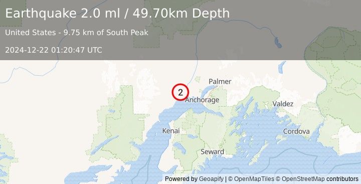 Earthquake 25 km SW of Susitna, Alaska (2.0 ml) (2024-12-22 01:20:47 UTC)