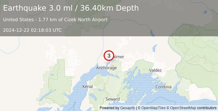 Earthquake 5 km E of Houston, Alaska (3.0 ml) (2024-12-22 02:18:03 UTC)