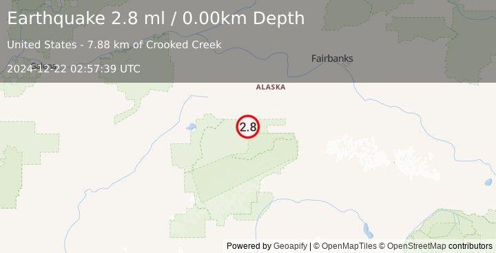 Earthquake 64 km WSW of Ferry, Alaska (2.8 ml) (2024-12-22 02:57:39 UTC)