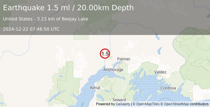 Earthquake 25 km W of Willow, Alaska (1.5 ml) (2024-12-22 07:46:50 UTC)