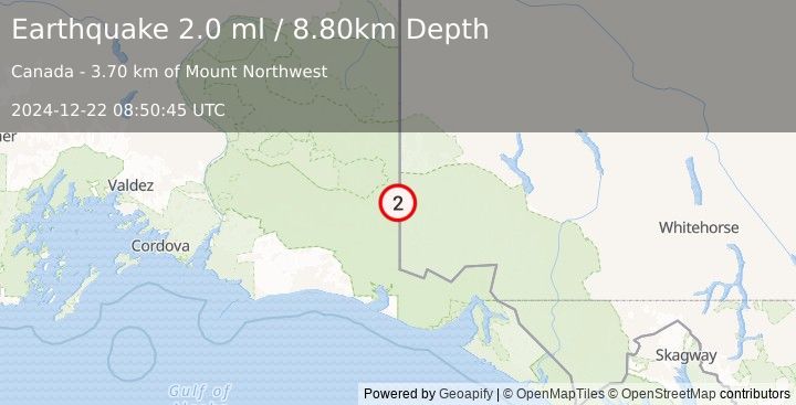 Earthquake 114 km ESE of McCarthy, Alaska (2.0 ml) (2024-12-22 08:50:45 UTC)