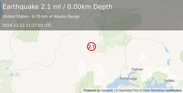 Earthquake 85 km SE of Nikolai, Alaska (2.1 ml) (2024-12-22 11:27:03 UTC)