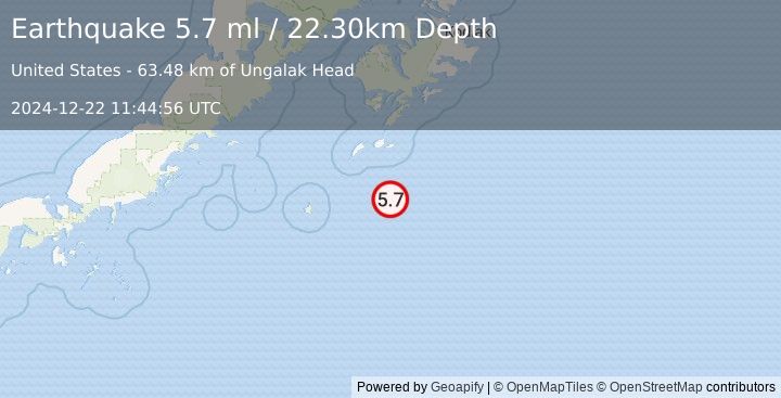 Earthquake 109 km S of Akhiok, Alaska (5.3 mb) (2024-12-22 11:44:59 UTC)