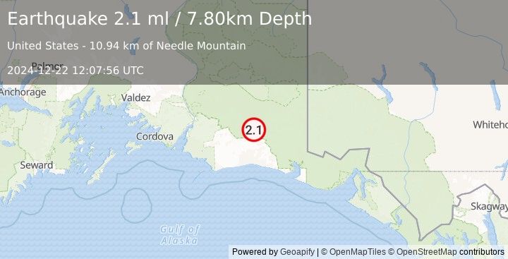 Earthquake 88 km S of McCarthy, Alaska (2.1 ml) (2024-12-22 12:07:56 UTC)