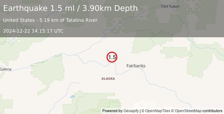 Earthquake 6 km SSW of Minto, Alaska (1.5 ml) (2024-12-22 14:15:17 UTC)