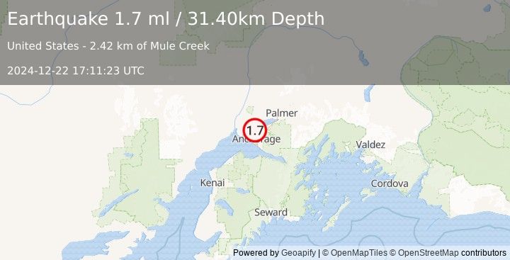 Earthquake 2 km SE of Point MacKenzie, Alaska (1.7 ml) (2024-12-22 17:11:23 UTC)