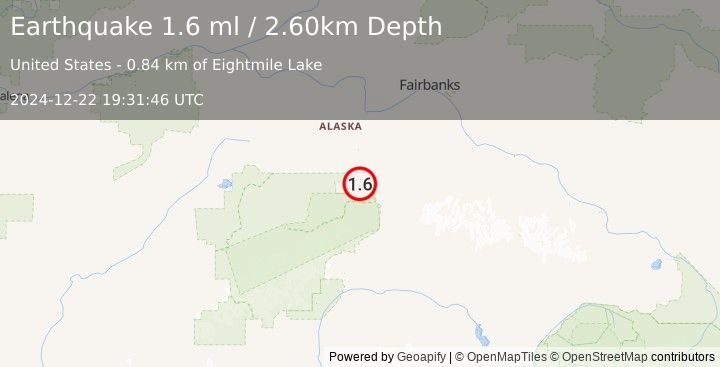 Earthquake 14 km WNW of Healy, Alaska (1.6 ml) (2024-12-22 19:31:46 UTC)