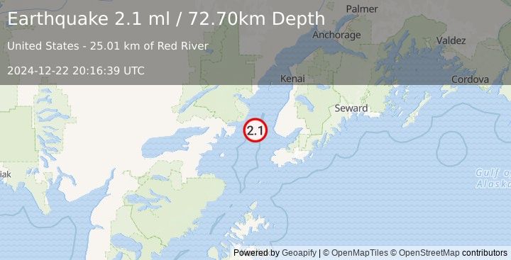 Earthquake 32 km W of Anchor Point, Alaska (2.1 ml) (2024-12-22 20:16:39 UTC)