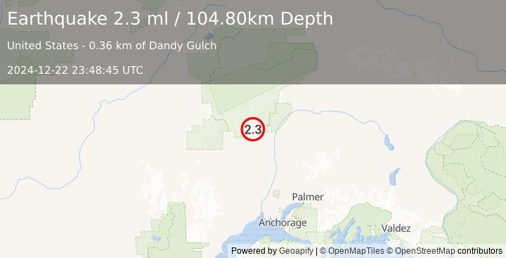 Earthquake 10 km NNW of Petersville, Alaska (2.3 ml) (2024-12-22 23:48:45 UTC)