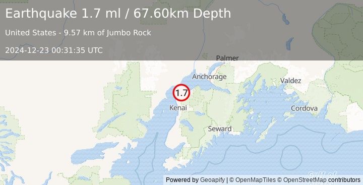 Earthquake 21 km S of Tyonek, Alaska (1.7 ml) (2024-12-23 00:31:35 UTC)