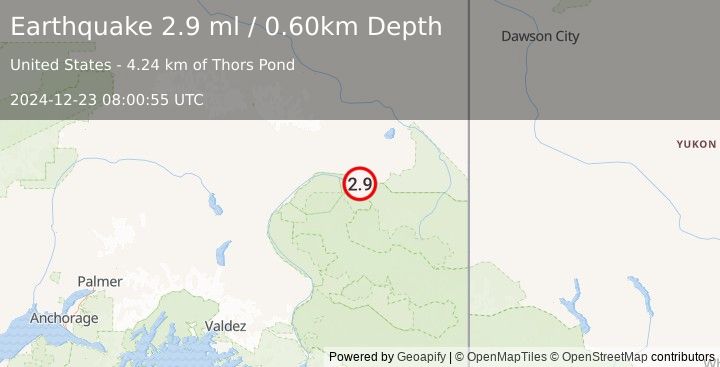 Earthquake 31 km ESE of Slana, Alaska (2.9 ml) (2024-12-23 08:00:55 UTC)