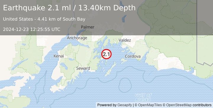 Earthquake 56 km ESE of Whittier, Alaska (2.1 ml) (2024-12-23 12:25:55 UTC)