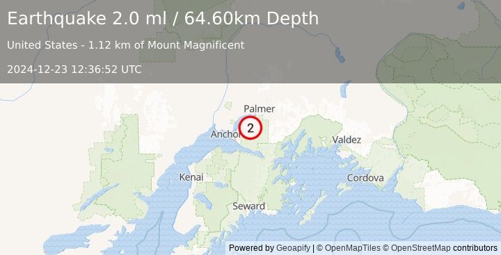 Earthquake 9 km E of Eagle River, Alaska (2.0 ml) (2024-12-23 12:36:52 UTC)