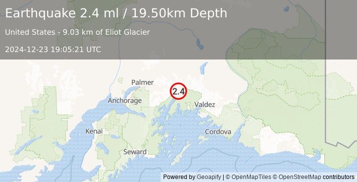 Earthquake 44 km S of Glacier View, Alaska (2.4 ml) (2024-12-23 19:05:21 UTC)