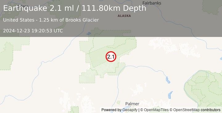 Earthquake 69 km SE of Denali National Park, Alaska (2.1 ml) (2024-12-23 19:20:53 UTC)